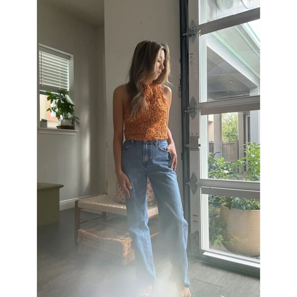 ZARA Trafaluc Mustard Textured Lace Halter Crop Top Small
